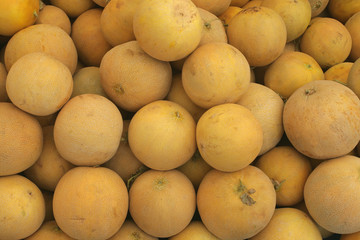 Bunch of fresh yellow melons on the market