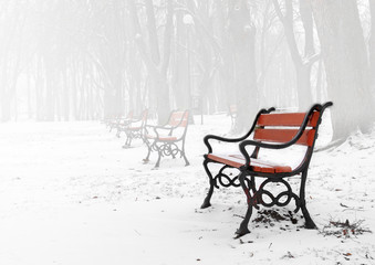Fototapeta na wymiar Czerwona kanapa w mgły w zimie