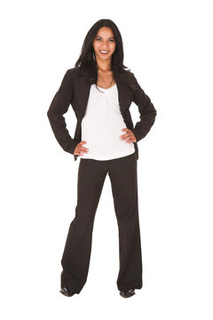African businesswoman in black office outfit on a white