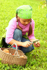 Young girl picking mushrooms, fullbasket with mushrooms