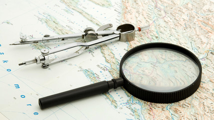 navigation concept - map with navigation tools