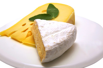 yellow swiss cheese and camembert on white dish