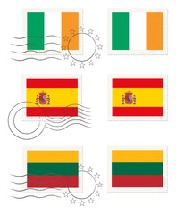 Ireland, Spain and Lithunia - flags on a stamp