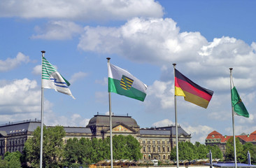 Wehende Landesfahnen am Elbufer in Dresden