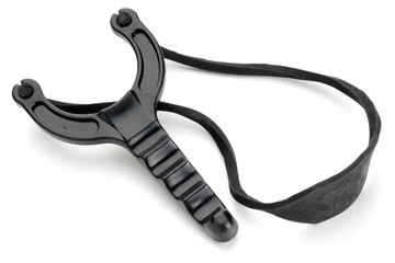 a black plastic slingshot on white