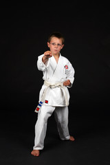 young boy demonstrating traditional karate right stance
