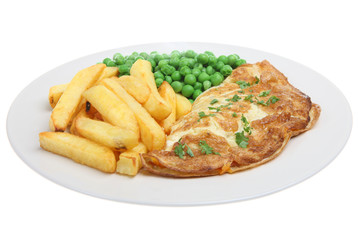 Cheese omelet with chips and peas