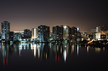 Night view on Aventura from Sunny Isles Beach over Intercoastal