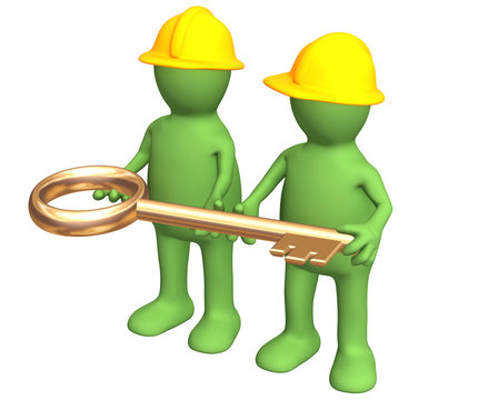 Two builders - puppets, holding in hands a gold key
