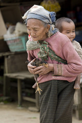 Asien, alte Frau mit Huhn und Enkel