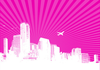 White city on pink background. Vector