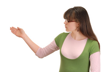 Teenage girl showing something on her right side