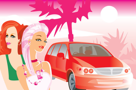 vector image of two girls and car