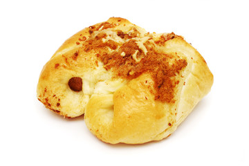 Chicken floss sausage bun isolated on white background.