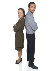 businessman and businesswoman standing back to back.