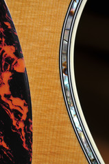 Closeup of a fretboard of guitar, blur in the background