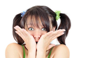 Fototapeta premium Frightened cute girl, isolated on white