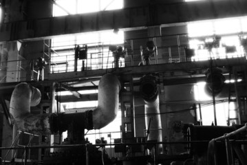 Pipes, tubes, machinery and steam turbine black and white