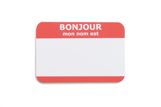 French hello name tag isolated on white background