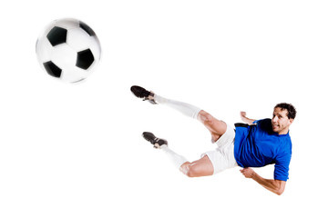 Fototapeta na wymiar Soccer player in action. Full isolated studio picture