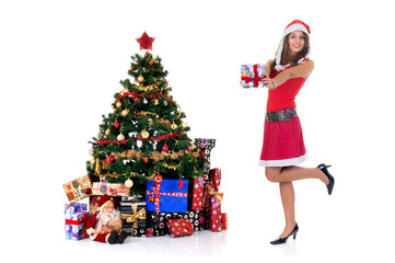 Christmas, happy woman in Xmas outfit with presents, gifts