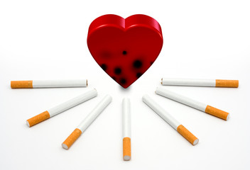 Heart under attack by cigarettes on white.
