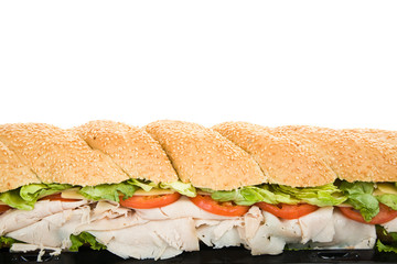 Closeup view of a giant three foot turkey submarine sandwich