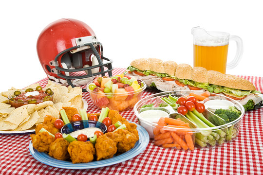 Table Set With Munchies For A Super Bowl Party, Over White