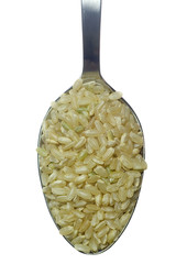 Spoonful of short grain rice isolated on white background..