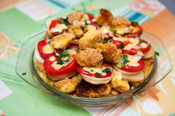 fried potato and tomato in plate