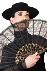 Spanish Dancer in a black costume with hat and accessories
