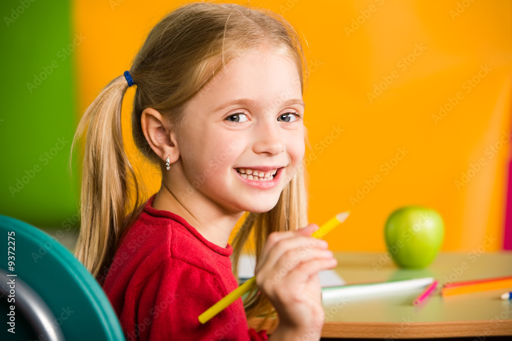 Sticker portrait of diligent schoolgirl with pencil