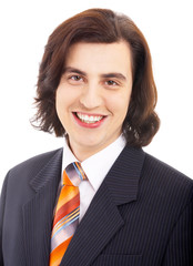 long haired happy man in suit on white