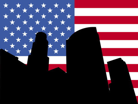 Los Angeles skyline and American flag illustration