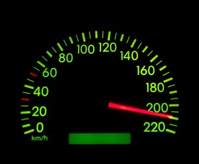 Fototapeta Speedometer of a car showing 210, glowing in the dark obraz