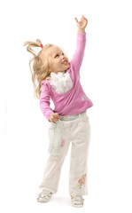 Portrait of the girl in a pink jacket and white trousers