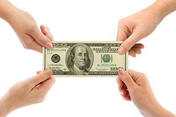 Hands and money isolated on white background