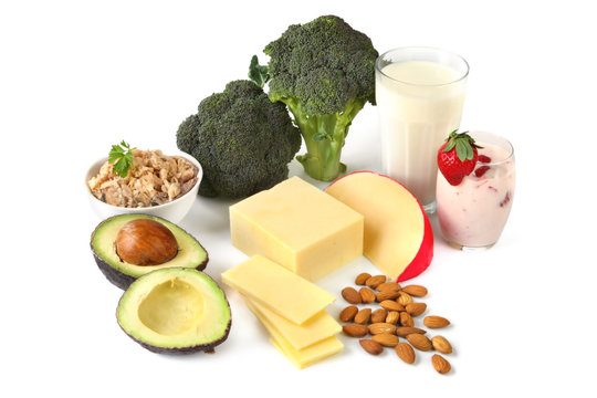 Calcium-rich foods, on white background.