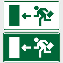 Emergency exit sign with business man figure holding a briefcase