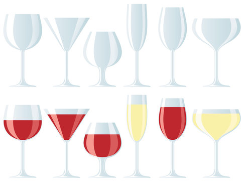 Group of glasses, empty and filled with red and white wine