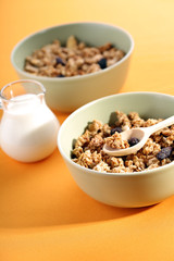 bowls full of musli with milk, healthy breakfast.