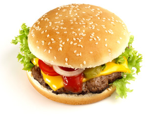 Cheeseburger im Brötchen von oben - obrazy, fototapety, plakaty