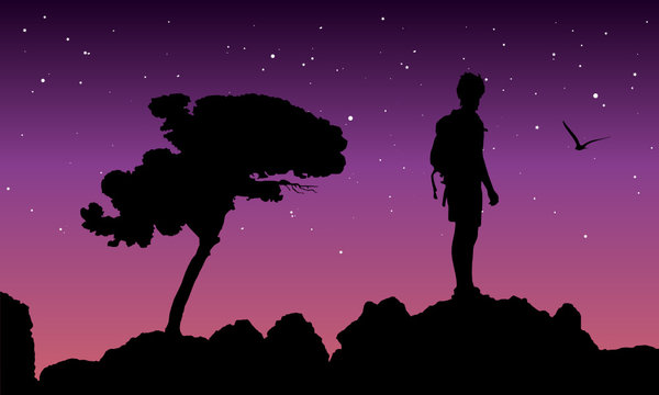backpacker standing on top of mountain, vector illustration
