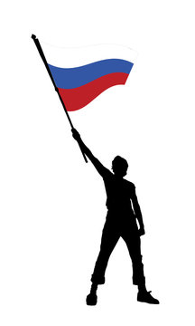 vector illustration of a young man holding a flag of russia