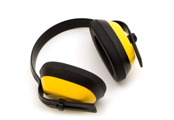 yellow protection headphones on white background