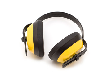 yellow protection headphones on white background