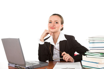Young woman working on white isolated background