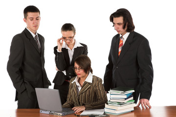 Four young businessmen on white isolated background