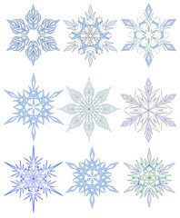 colored snowflakes and shapes on white background - 9403496