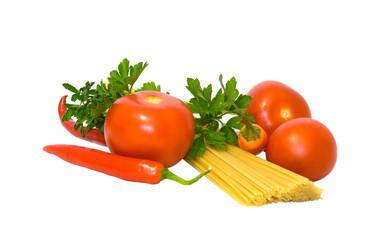 pasta and vegetables isolated on white background
